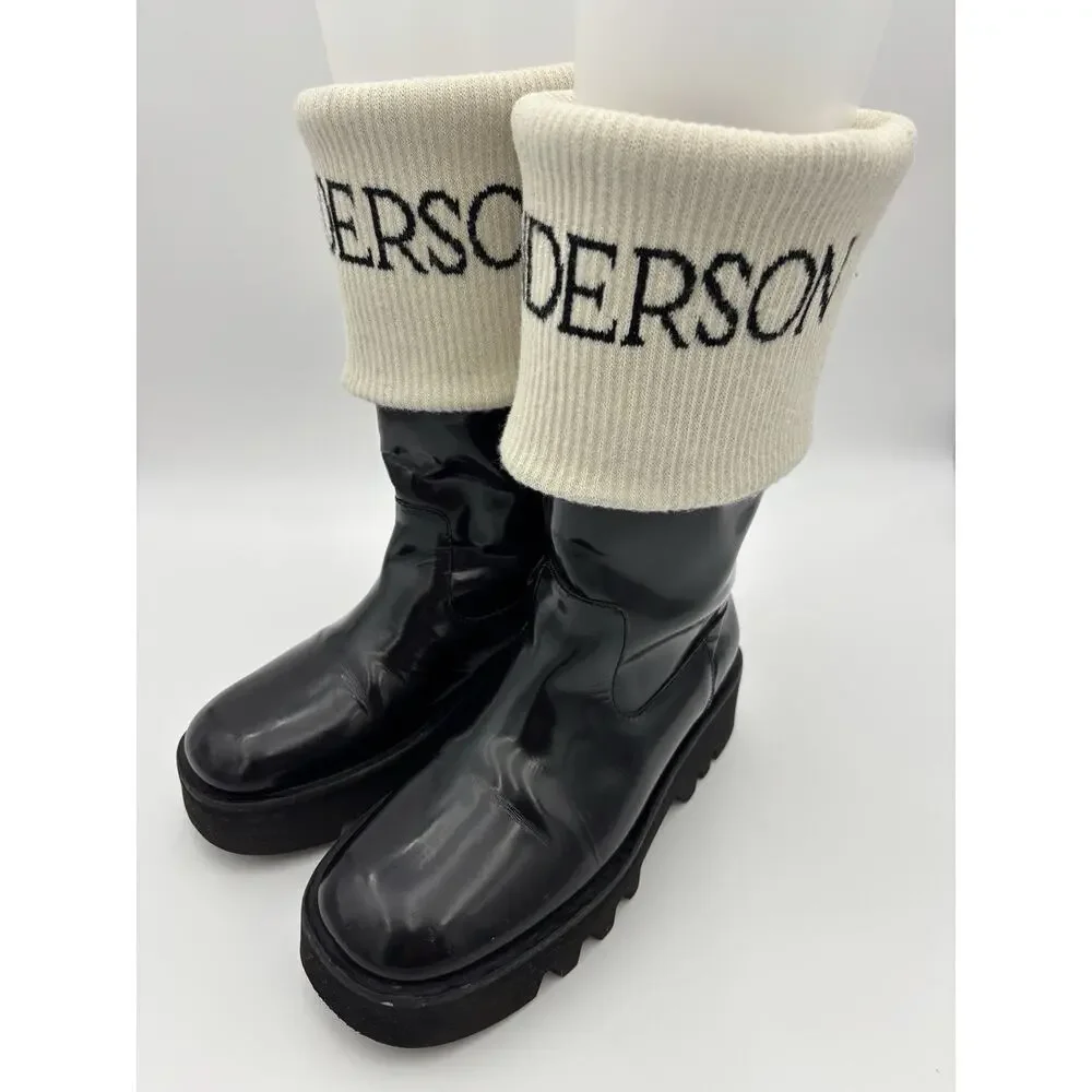 JW Anderson Logo Fisherman Boots Black Patent Leather White Sock Size 39 / 9